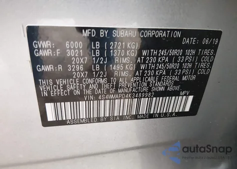 2019 Subaru Ascent Limited from USA, damaged, VIN 4S4WMAPD4K3489982